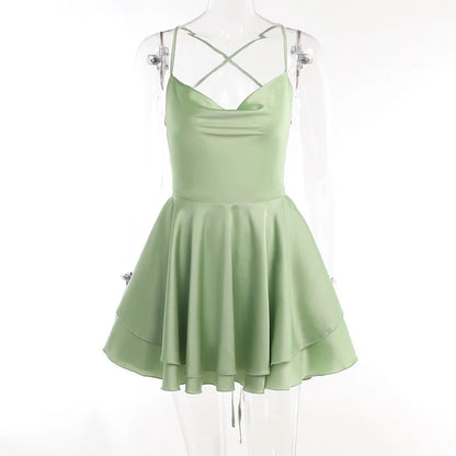 Summer Satin Backless Suspender Ruffled A-Hem Dress