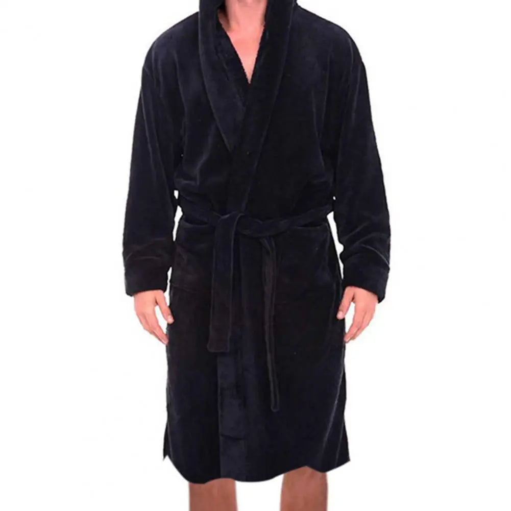 Men's Belt Flannel Bath Robe - Hooded Warm Sleepwear with Pockets