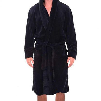 Men's Belt Flannel Bath Robe - Hooded Warm Sleepwear with Pockets