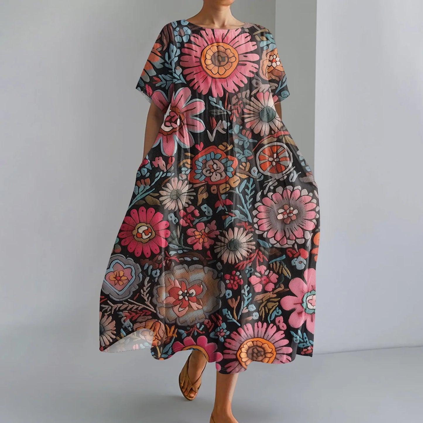 Ladies' Floral Print Maxi Dress - Round Neck Short Sleeve Beach Skirt