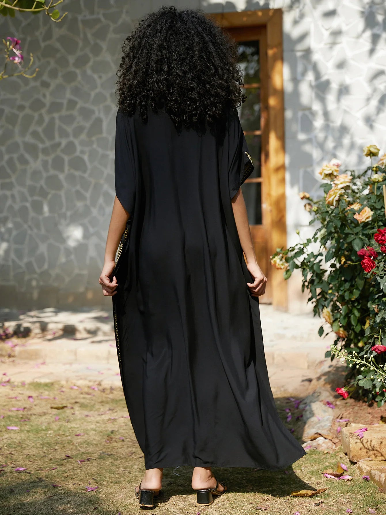 Women's Gold Embroidery Long Kaftan Dress | V Neck Caftan Beach Cover Up