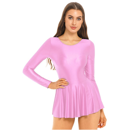 Women's Solid Color Long Sleeve Ruffled Dress - Round Neck
