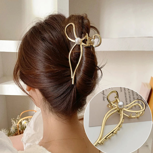 New Exquisite Imitation Pearl Hair Claw Clip Trendy Metal Bow Hair