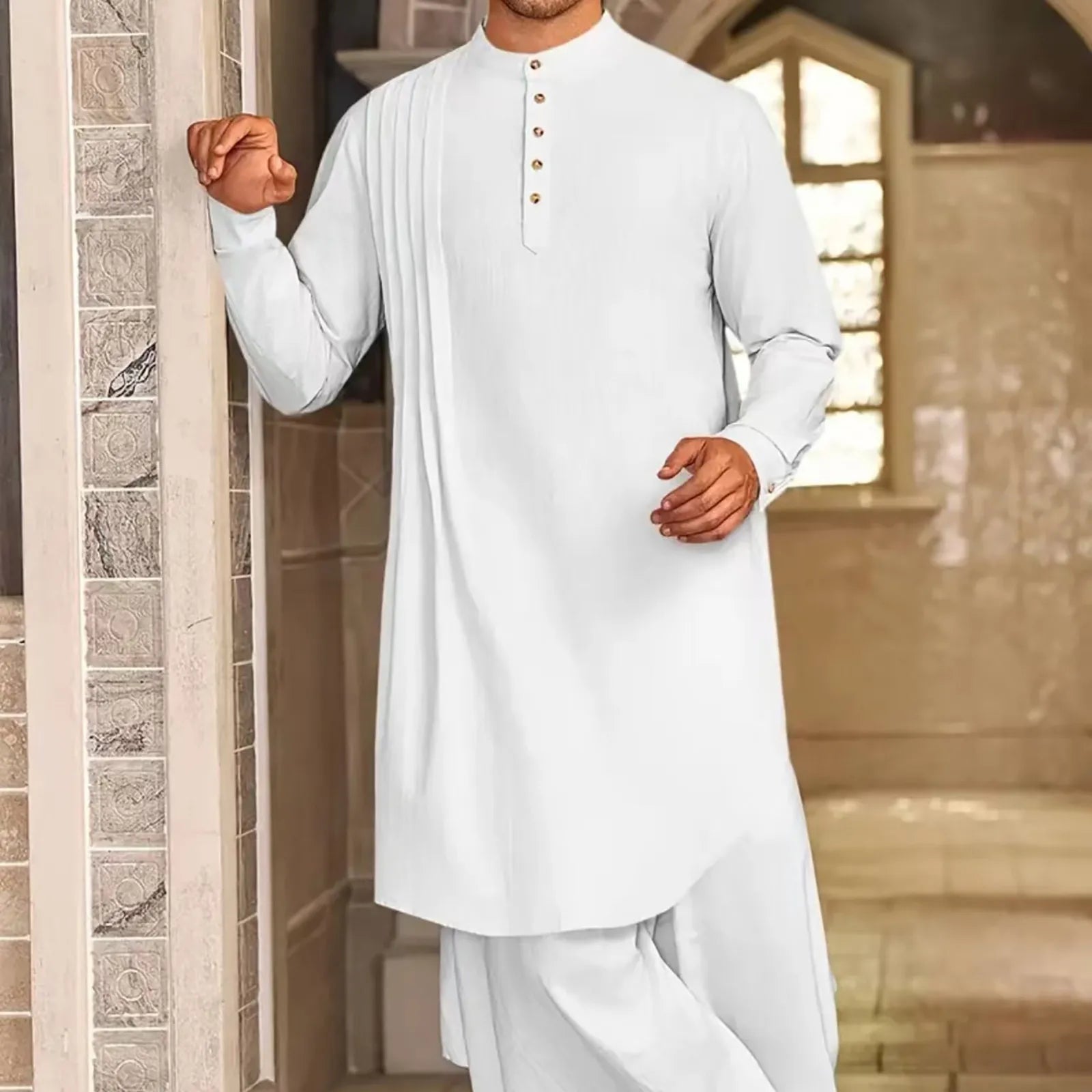 Men's Islamic Cotton Linen Shirt - Stand Collar Kurta Robe