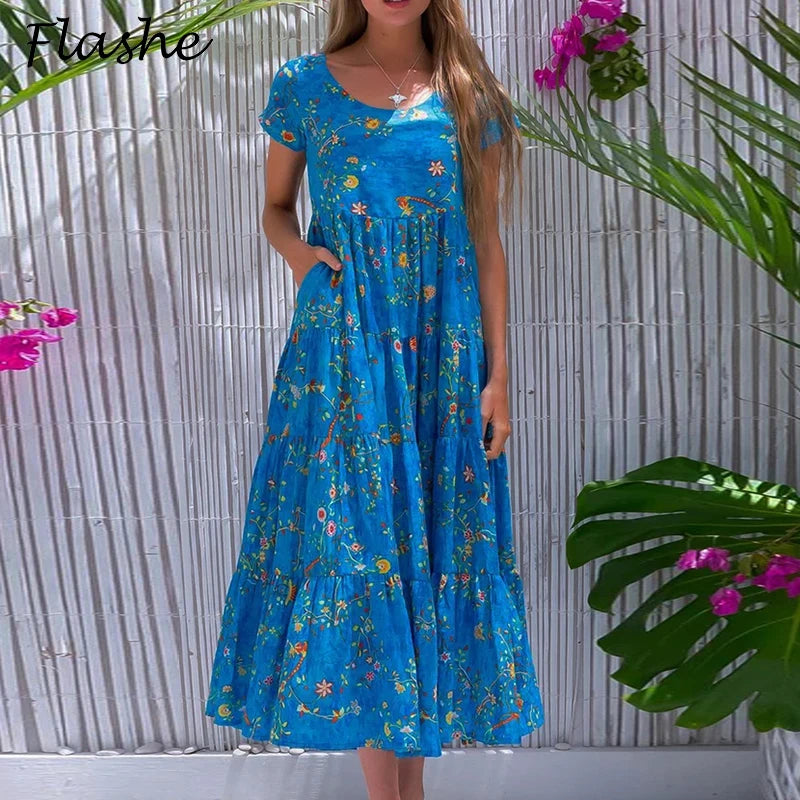 Women's Boho A-Line Maxi Dress - Summer Flower Print