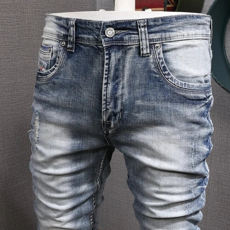 Retro Light Blue Slim Fit Ripped Jeans - Vintage Casual Men's Trousers