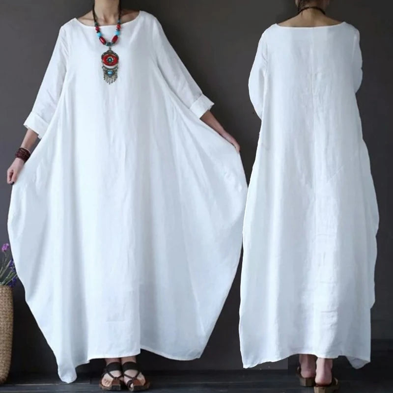 Women's Cotton Linen Loose Dress | Literary Boho Long Sleeve Kaftan Robe