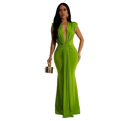Summer Solid Color High Waisted Long Dress - Deep V-Neck Short Sleeve