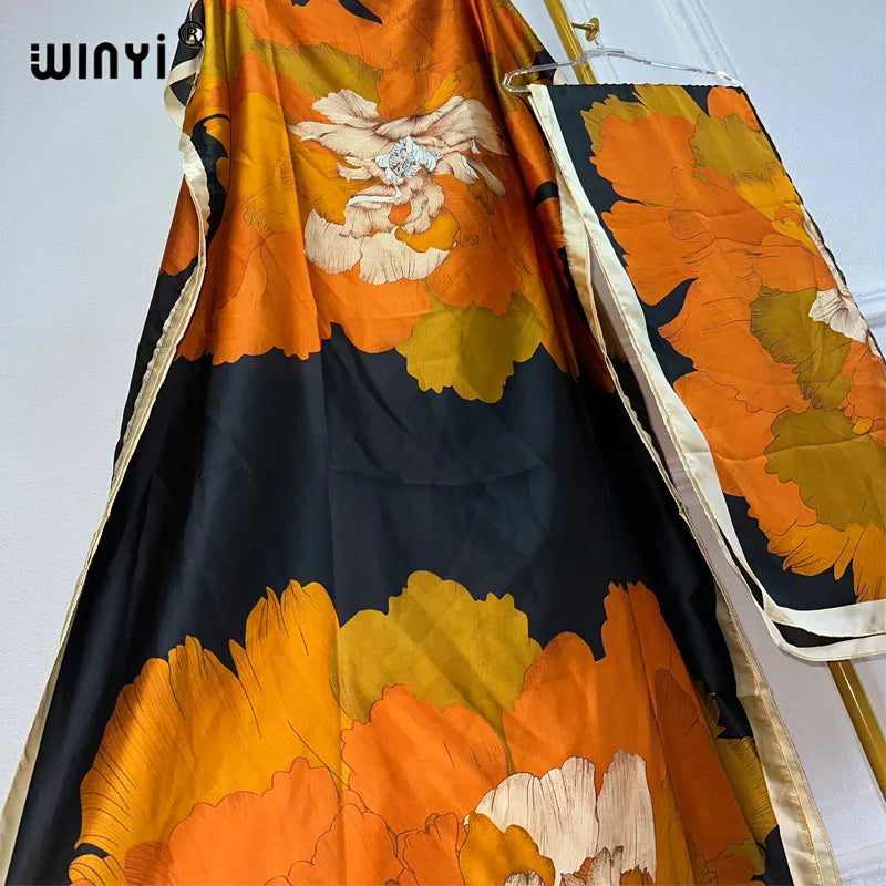 African Women Dashiki Dress with Scarf | Boho Print Maxi Loose Dubai Abaya