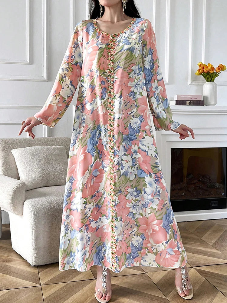 Women's Chic Jalabiya - Floral Long Sleeve V-Neck Maxi Dress