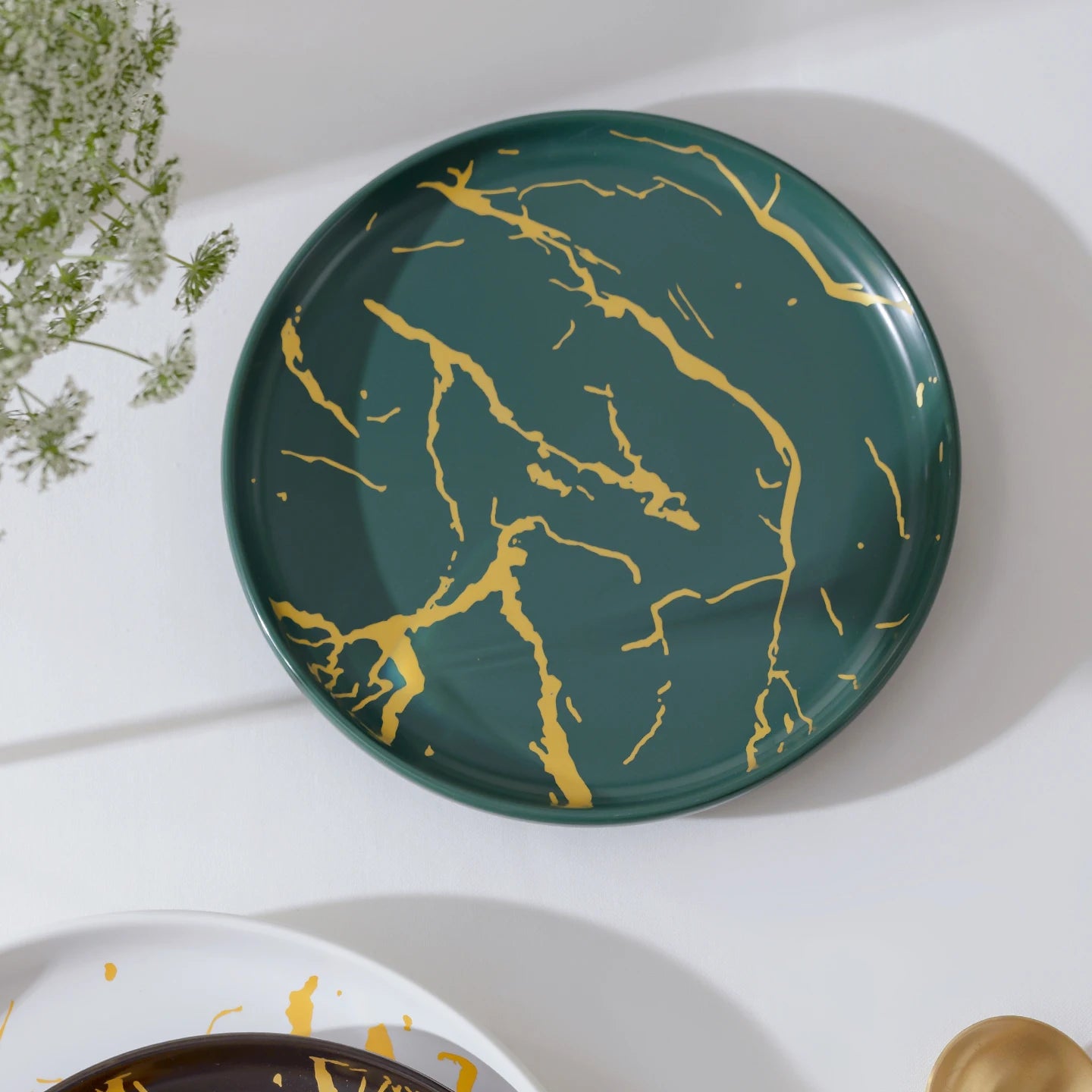 European Marbled Ceramic Plate with Gold Rim