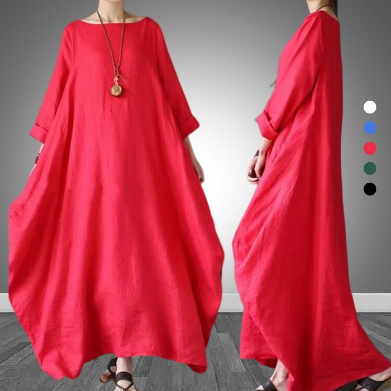 Women's Cotton Linen Loose Dress | Literary Boho Long Sleeve Kaftan Robe