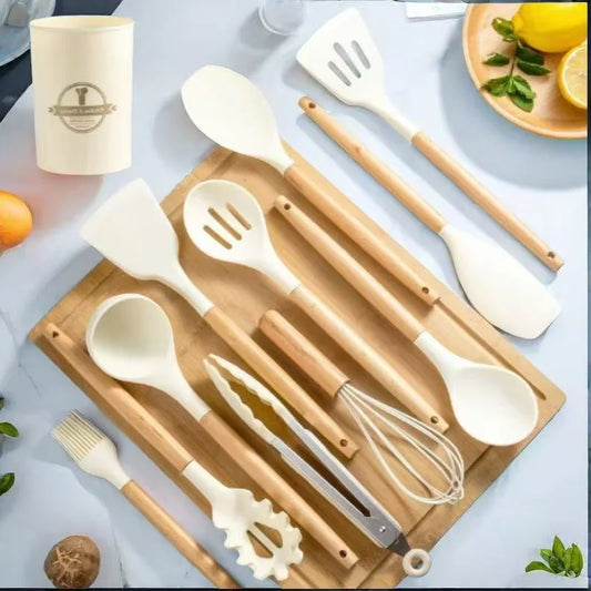 12Set of Wooden Handle Silicone Kitchen Tools Non-Stick Pan Cooking set