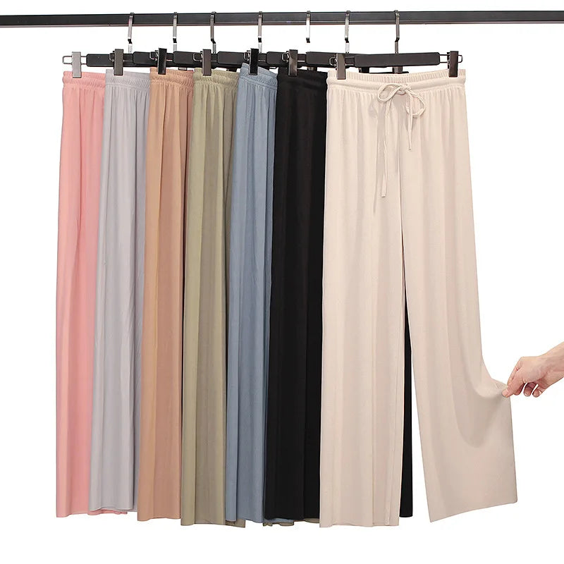 Women Ankle-Length Wide Leg Pants - Casual Summer Elastic Waist Ice Silk Trousers