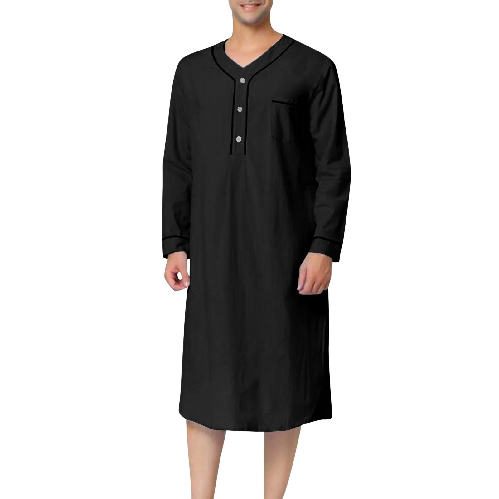 New 2025 Men Jubba Thobe Solid Color Pajamas Fashion Solid Loose Muslim Robe Long-sleeved Nightgown Bathrobes Mens Muslim Kaftan