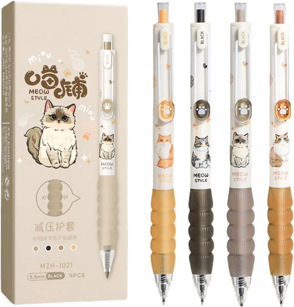4 Pcs Cute Retractable Pens Cat Gel Pens Cartoon Pen 0 5mm Black Ink