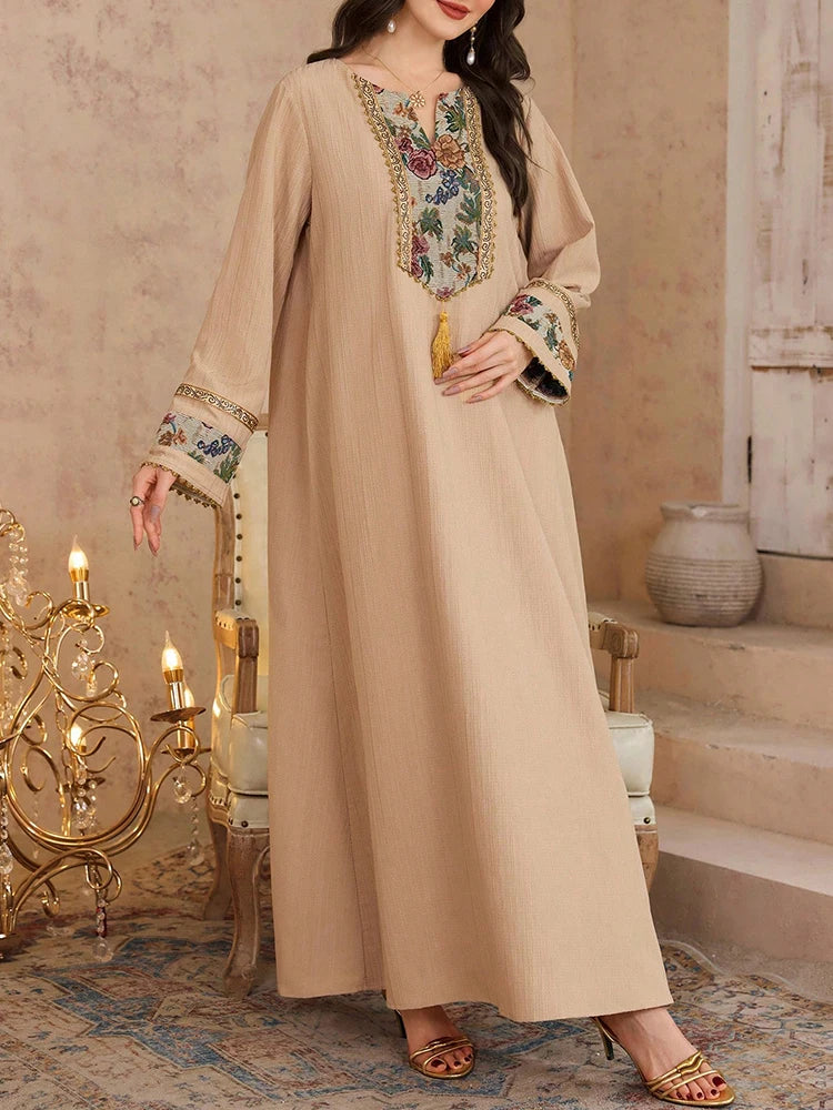 Women's Long Sleeve Floral Print Embroidery Tassel Loose Traditional Dresses