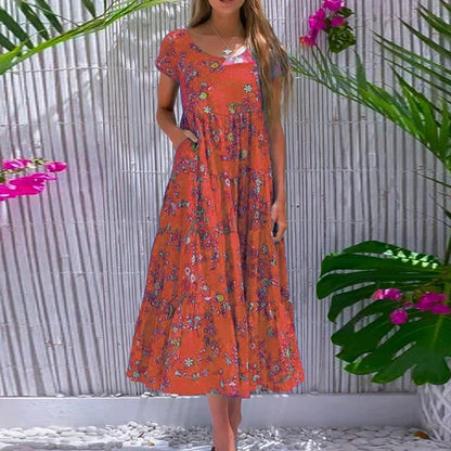 Women's Boho A-Line Maxi Dress - Summer Flower Print