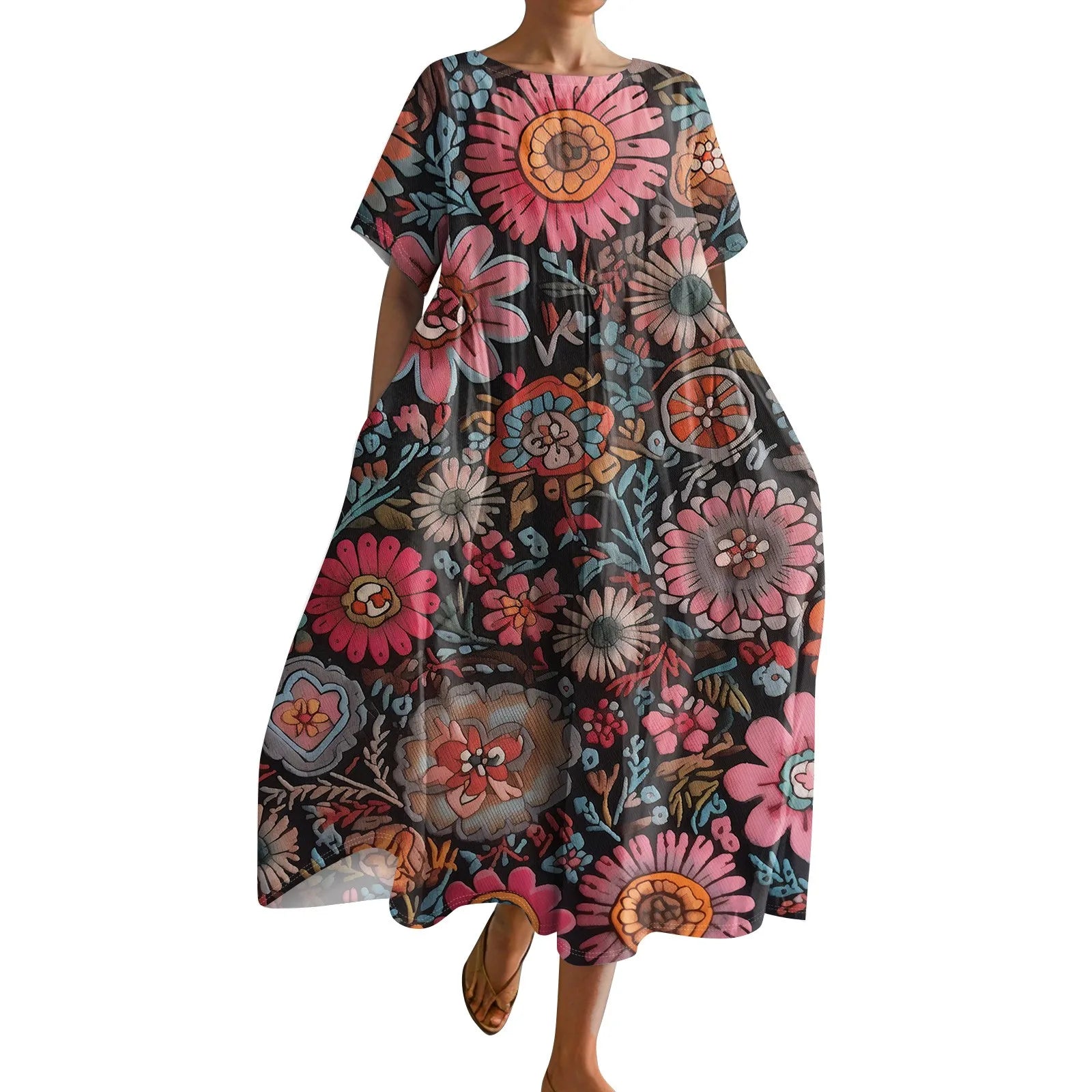 Ladies' Floral Print Maxi Dress - Round Neck Short Sleeve Beach Skirt