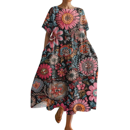 Ladies' Floral Print Maxi Dress - Round Neck Short Sleeve Beach Skirt