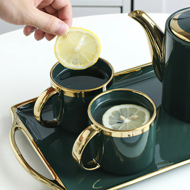 European Style Green Gold Bone China Tea Set
