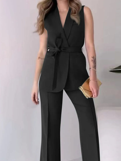 Elegant Solid Color 2-Piece Suit - Sleeveless Top with Long Pants