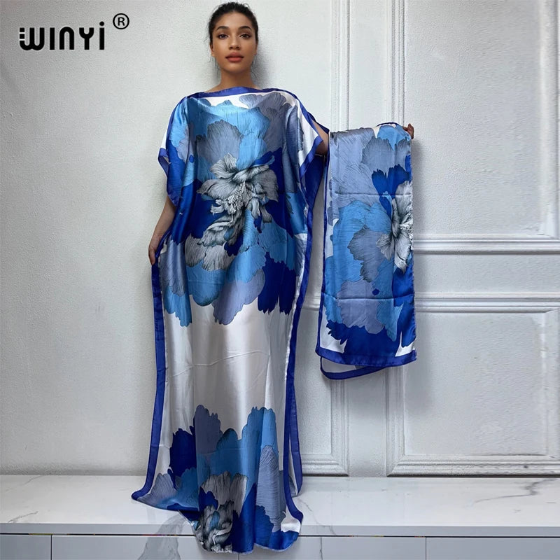 African Women Dashiki Dress with Scarf | Boho Print Maxi Loose Dubai Abaya