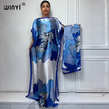 African Women Dashiki Dress with Scarf | Boho Print Maxi Loose Dubai Abaya