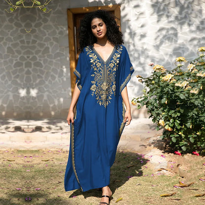 Women's Gold Embroidery Long Kaftan Dress | V Neck Caftan Beach Cover Up
