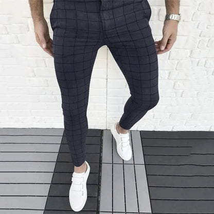 Spring Men Pencil Pants - Slim Fit Plaid Print Trousers