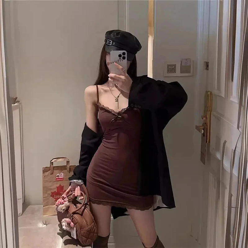 Hot Girl Lace Suspender Dress - Spring Summer Low Collar Hip Skirt