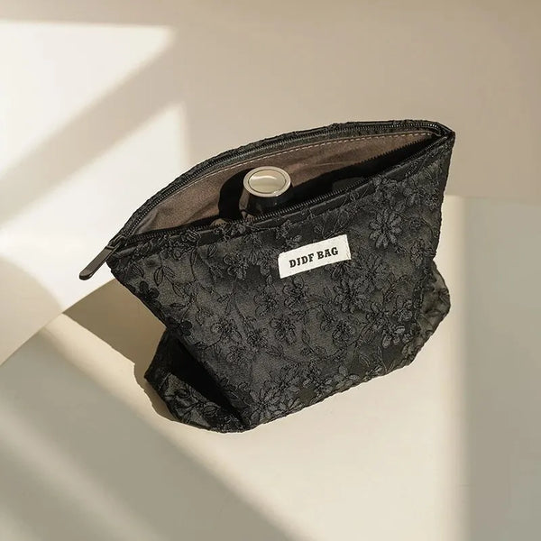 Womens Makeup Bag Black Embroidery Large