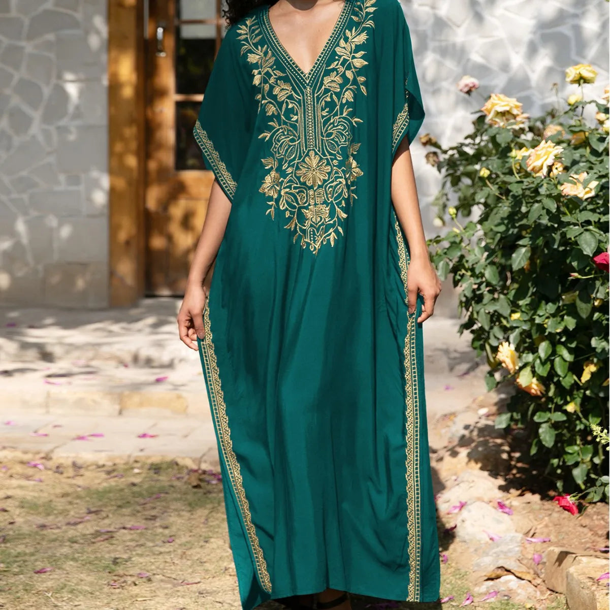 Women's Gold Embroidery Long Kaftan Dress | V Neck Caftan Beach Cover Up
