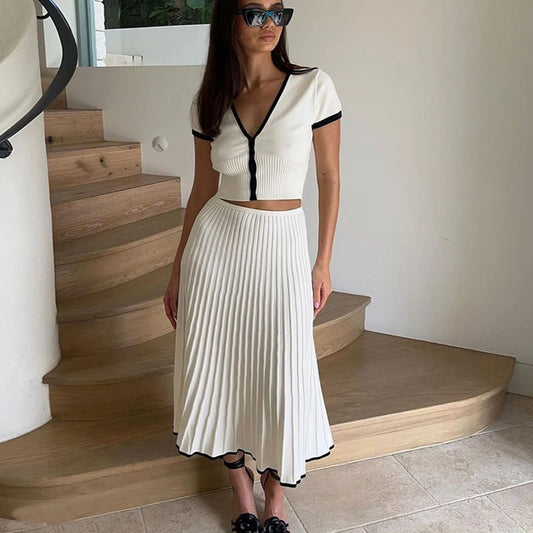 Women's White Long Skirt Suit - Short Sleeve V-Neck Crop Top Pleated Set