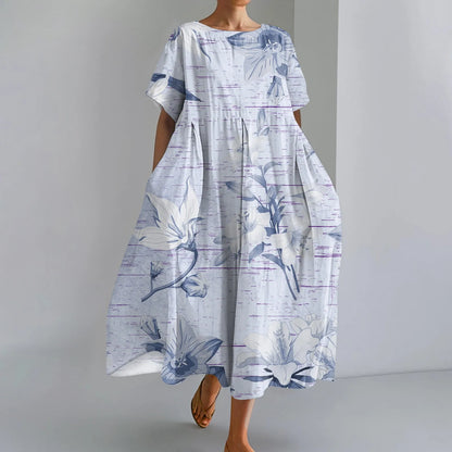 Ladies' Floral Print Maxi Dress - Round Neck Short Sleeve Beach Skirt