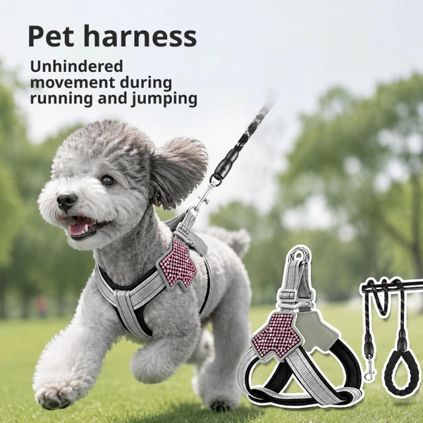 Diamond Encrusted Pet Harness And Leash Set Adjustable Soft Vest
