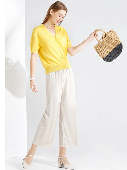 Women Ankle-Length Wide Leg Pants - Casual Summer Elastic Waist Ice Silk Trousers