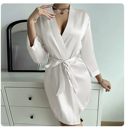 Women's Solid Satin Night Robe - V-Neck Half Sleeve Sleepwear with Belt