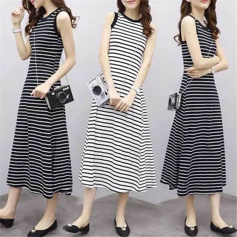 White Striped Beach Casual Long Dress - Korean Dongdaemun Style