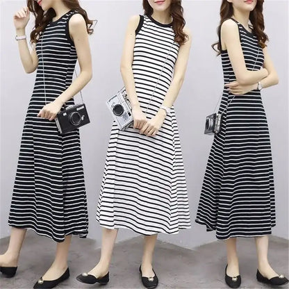 White Striped Beach Casual Long Dress - Korean Dongdaemun Style