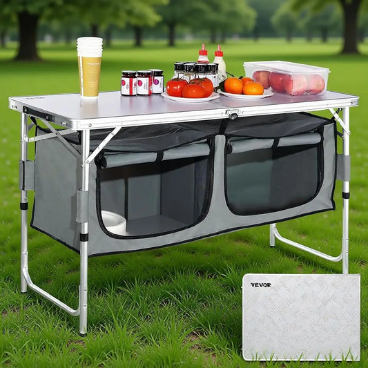 Folding Camping Kitchen Table with Adjustable Height & Storage