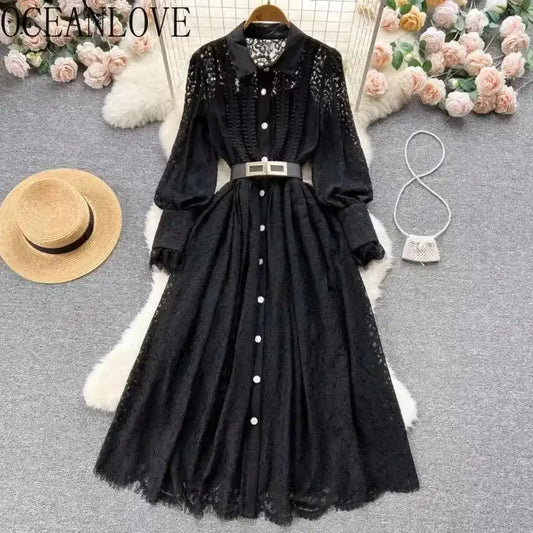 OCEANLOVE Lace Hollow Out Dress - Elegant Black Long Korean Style