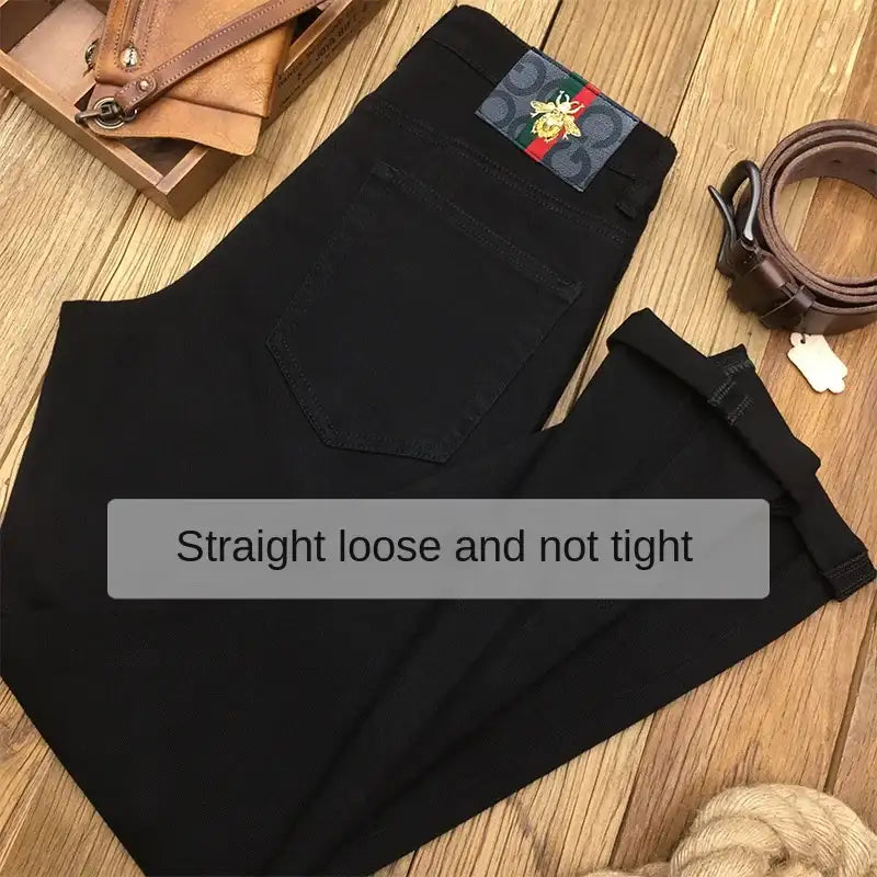 High-End Pure Black Straight Jeans - Men's Stretch Casual Trousers