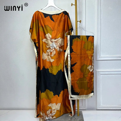 African Women Dashiki Dress with Scarf | Boho Print Maxi Loose Dubai Abaya