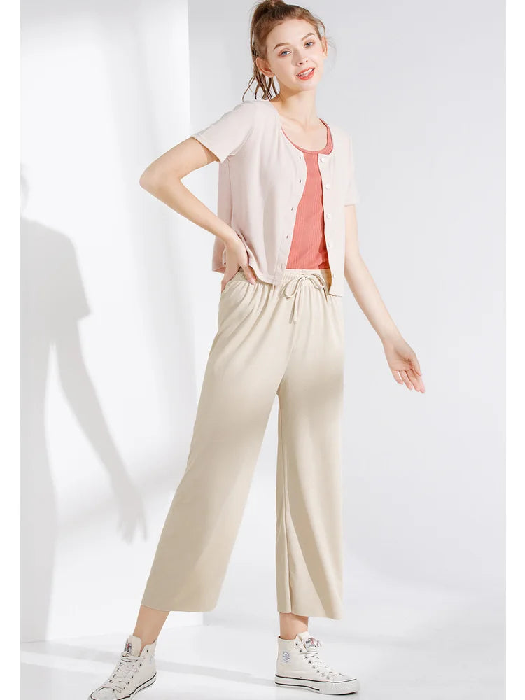 Women Ankle-Length Wide Leg Pants - Casual Summer Elastic Waist Ice Silk Trousers