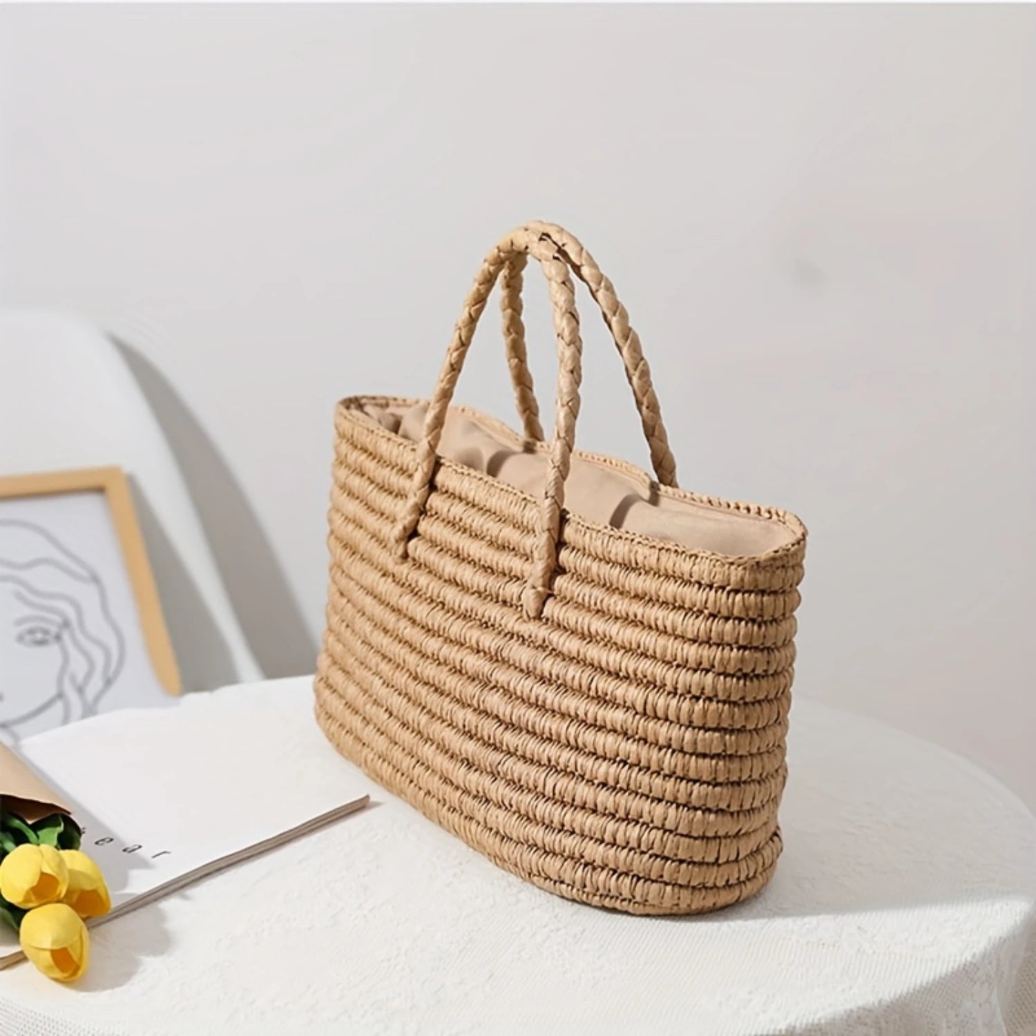 Straw Woven Beach Bag - Summer Drawstring Basket for Ladies