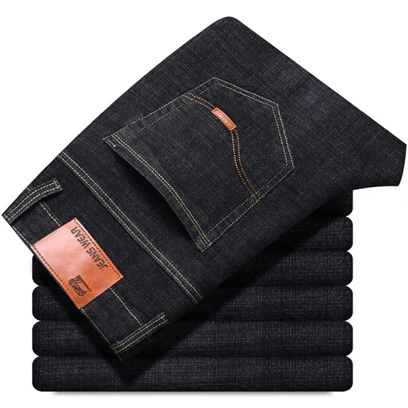 Spring Men's Slim-Fit Denim Pants - Black & Blue Classic Jeans