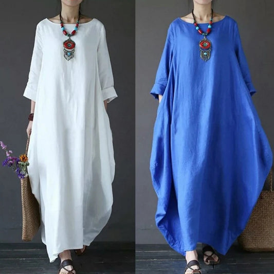 Women's Cotton Linen Loose Dress | Literary Boho Long Sleeve Kaftan Robe