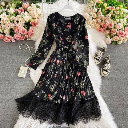 Women's Vintage Floral Print Long Dress - Elegant Spring & Autumn Party Robe