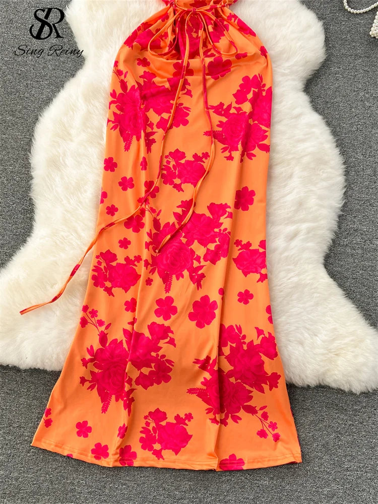 SINGREINY Spaghetti Strap Floral Long Dress - Slim Bodycon Design